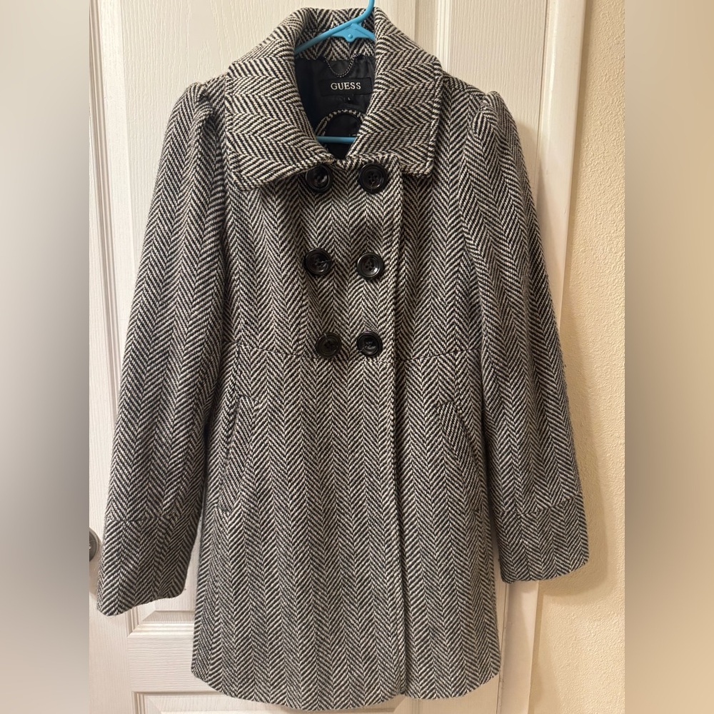 Guess Black and White Herringbone Pea Coat